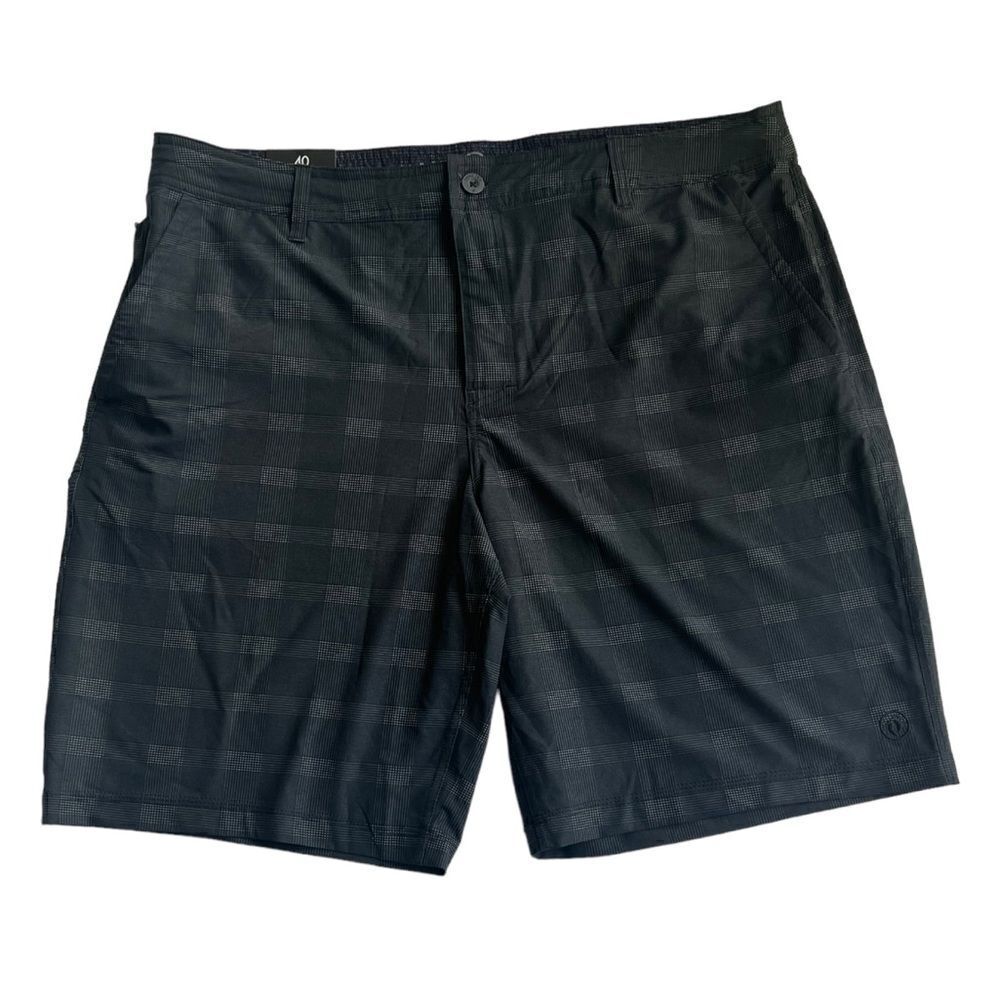 NWT Hang Ten Plaid Board Black Gray Hybrid Surf Swim Casual Flat Front Shorts 40